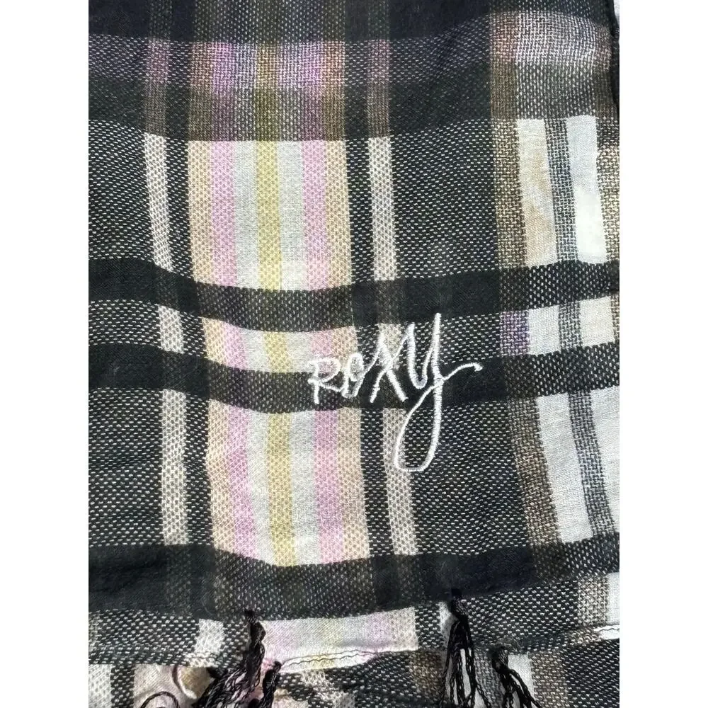 Roxy Neutral Plaid Lightweight Scarf Black Gray Cream Fringe Classic Accessory